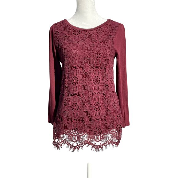 Burgundy Lace Crochet Hem Long Sleeve Cotton Top J.Crew Size S Vintage Style - Picture 2 of 11